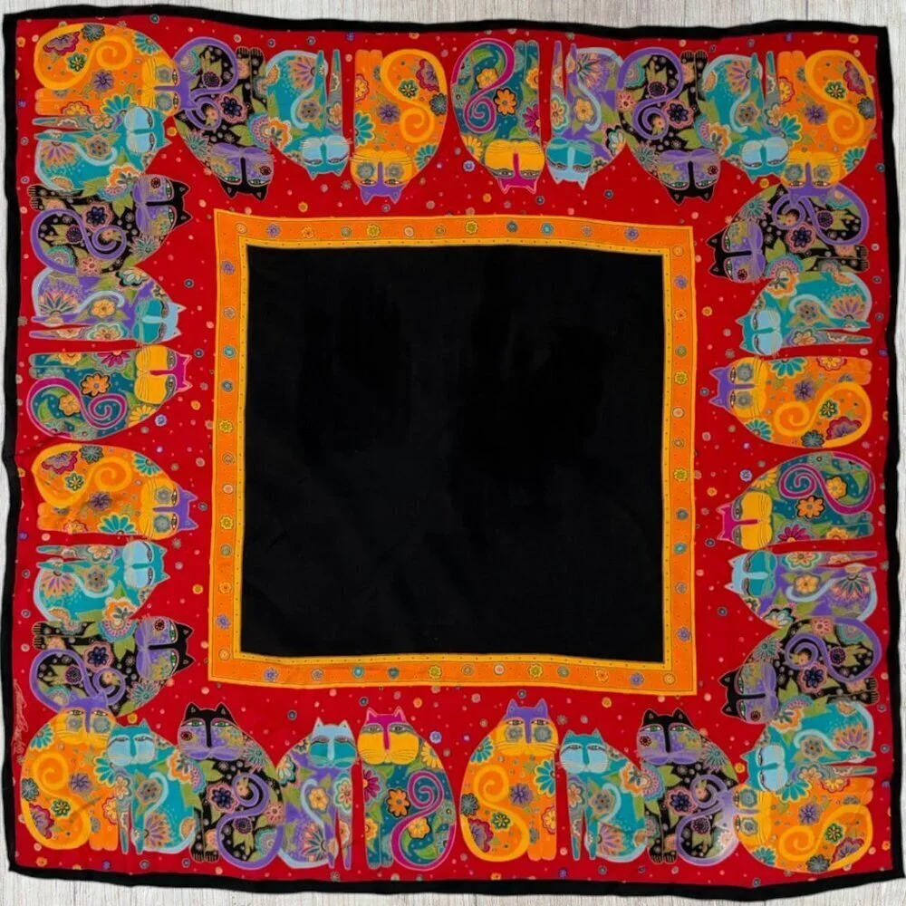 Laurel Burch Colorful Cats Silk Square Scarf Red Black Art Print